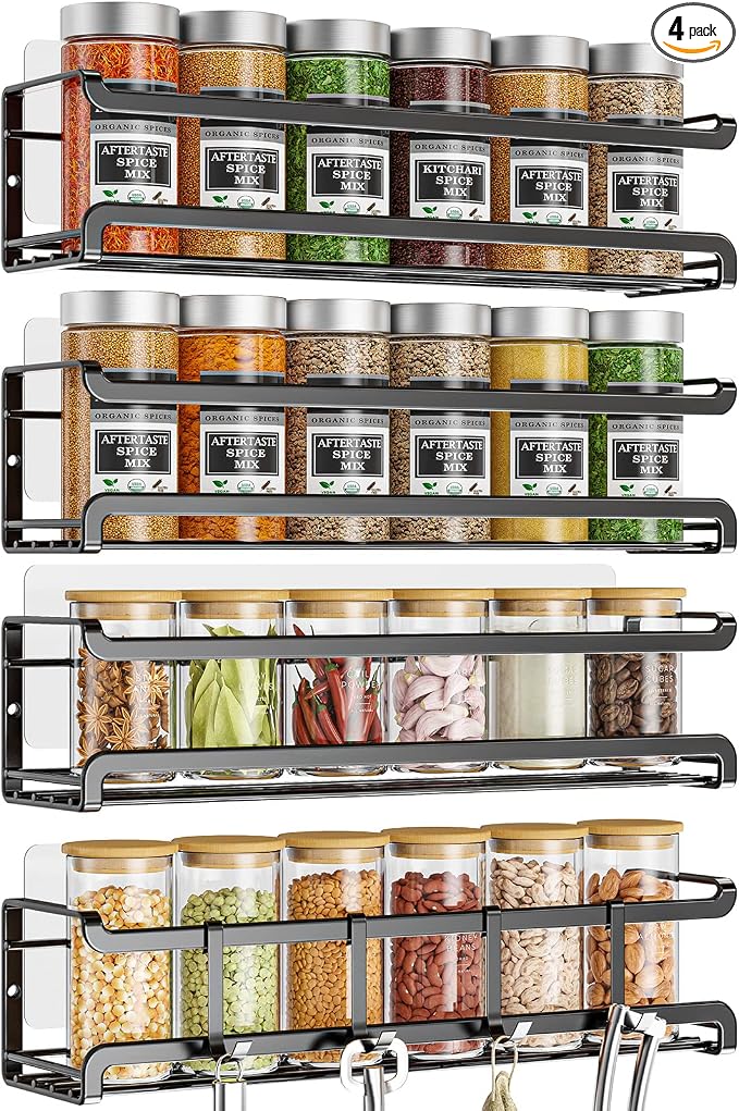 Bunoxea Spice Rack Wall Mounted 4 Pack, For Spice Jars & Seasonings,Black | 4 Removalble Hooks,Screw or Adhesive Hanging, Space-Saving,For Kitchen Cabinet, Pantry Door,Stove,RV Use,11.41x2.75x2.75in