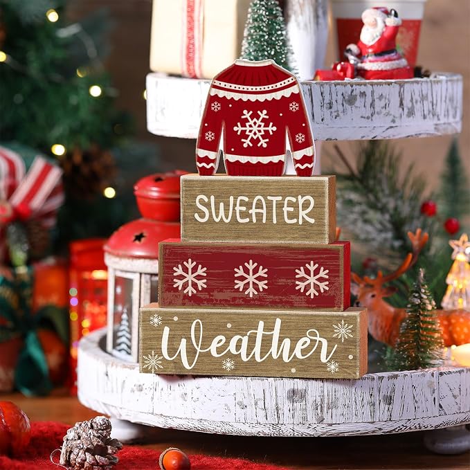 Lineshading 4 Pcs Christmas Table Decoration Wooden Block Signs Sweater | Red Ugly Sweater With Snowflake, Christmas Centerpiece For Tiered Tray, Rustic Wood Block Display, Home Shelf Decor