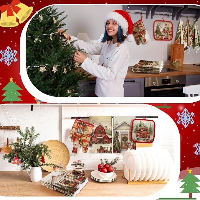 SiliFine 12 Pcs Christmas Kitchen Accessories Set Nutcracker Pot Holders Red Truck Oven Mitts Vintage Winter Church Kitchen Towels for Country Christmas Home Decorations, Cooking Baking Holiday Gifts