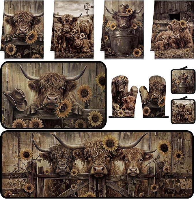 Fanfanwin 10 Pcs Fall Pumpkin Kitchen Decor Set Kitchen Towels Pot Holders Oven Mitts and Rugs Set Thanksgiving Towels for Baking Cooking BBQ Autumn Home (Brown,Cow Sunflower)
