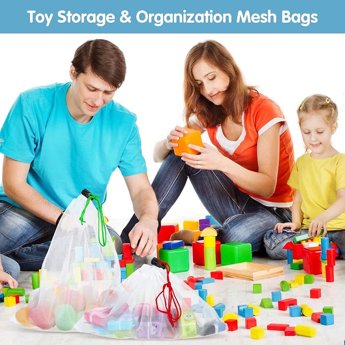 Frienda 20 Pieces Reusable Produce Bags Mesh Pouch Toy Storage Bags Drawstring Washable Organization 5 Large 8 Medium 7 Small for School Office, Puzzles Games Storage(Blue, Green, Red)