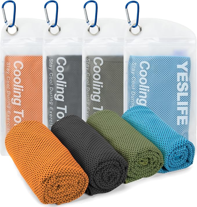 YESLIFE Cooling Towels, 4-Pack 40"x12", Multicolor Set E | Microfiber gym towels, soft breathable neck wrap, cooling towel for yoga running sport camping, Multicolor, 4-pack