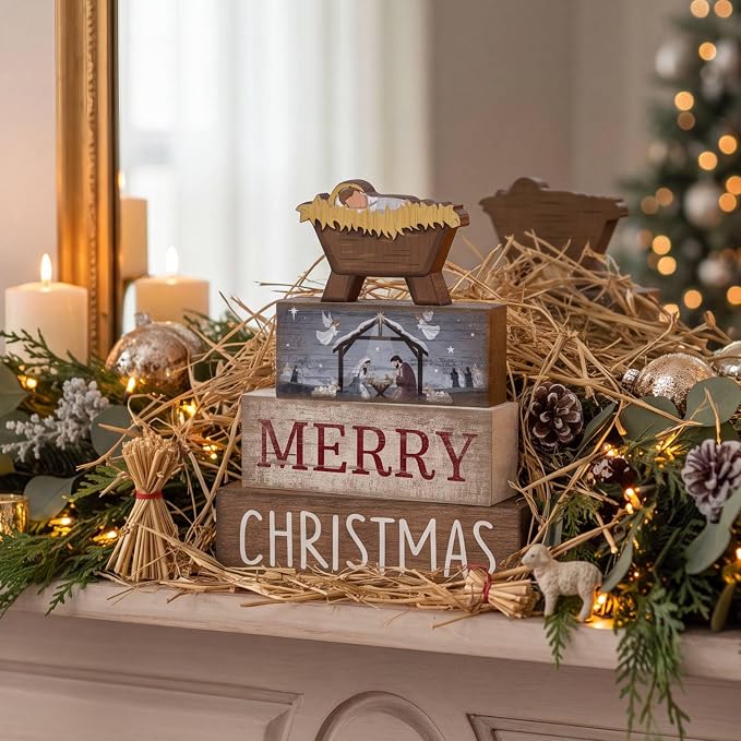 Lineshading 4 Pcs Nativity Christmas Wooden Block Signs Farmhouse Decor | Stackable Manger Scene Blocks for Tiered Tray Mantel, Rustic Farmhouse Tabletop Decorations, Birth of Jesus Holiday Gift