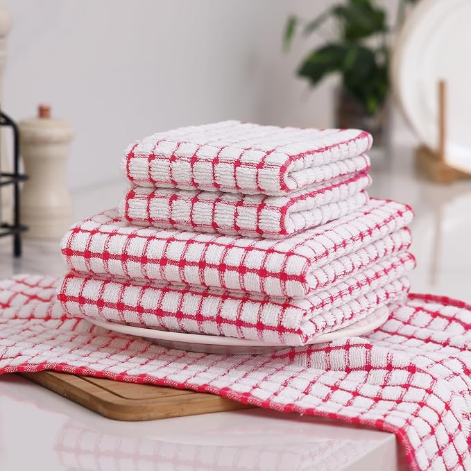 Homaxy Kitchen Towels and Dishcloths Set, Set of 8, Red | Cotton Terry Kitchen Dish Towels, Super Soft and Absorbent Dish Cloths, 16 x 25 and 12 x 12 Inches