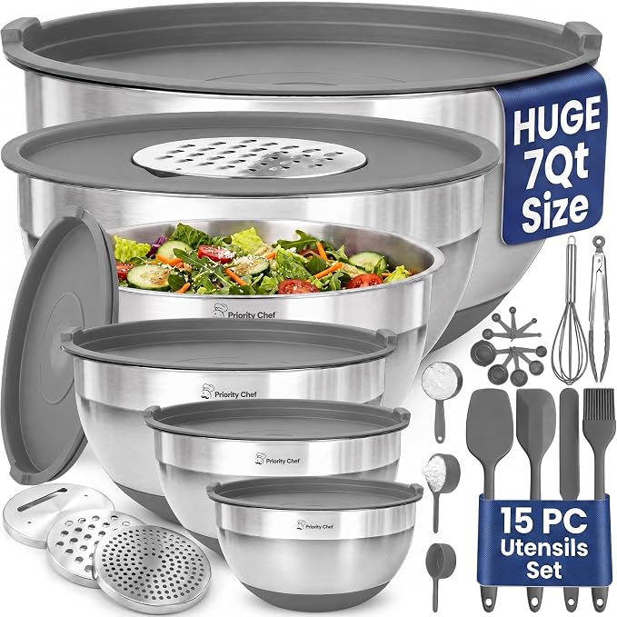 6Pc Stainless Steel Mixing Bowls with Lids Set, Huge 7 Qrt Size Metal Bowl Set for Kitchen, 3 Graters, Non-Slip Bases & Silicone Utensils Set, Grey