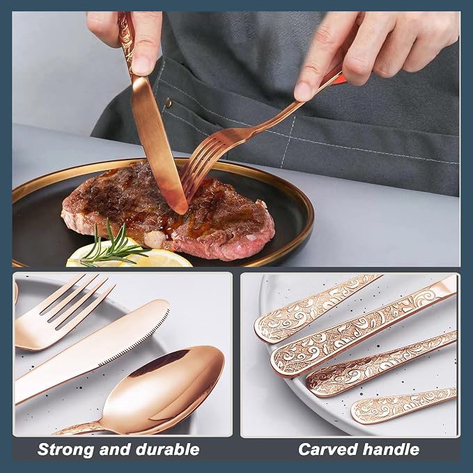 Runfly Vintage Carved Rose Gold Stainless Steel 20-Piece Flatware Set | Silverware Set, Modern Embossed Cutlery Set Utensils Kitchen Including Fork Spoon and Knife