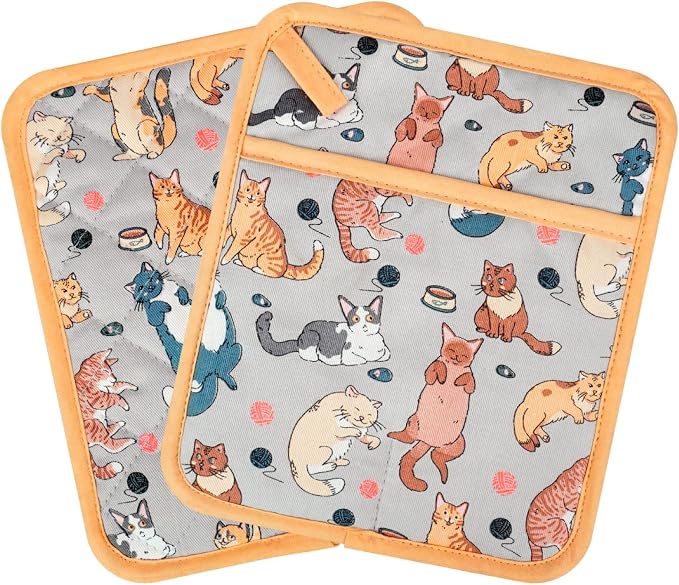 Pot Holders Set of 2 Heat Resistant 480℉ Kitchen 100% Cotton | Comfortable Lining Printing Fox Flower Women Men Home Cooking Baking Microwave BBQ Gift (Cat potholder)