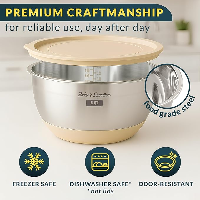 Baker's Signature Stainless Steel Mixing Bowls with Lids Set, 5 Sizes | 3 Graters, Non-Slip Base, Airtight Metal for Kitchen, Food Prep, Storage, 0.63QT-5QT, Khaki