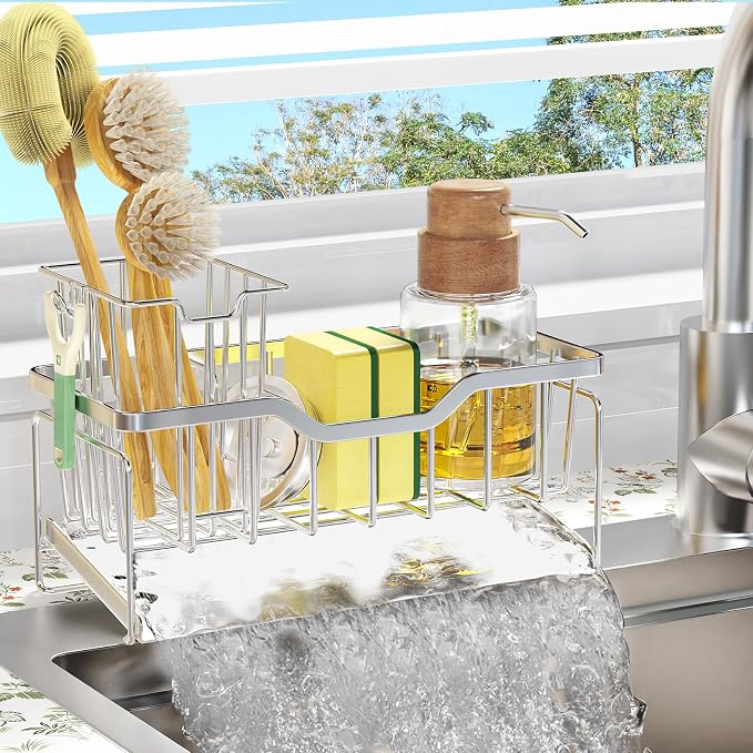 StorageRight Sponge Holder for Kitchen Sink, Sink Caddy Organizer, Silver | Rustproof Kitchen Sink Organizers with High Brush Holder & Self Drain Tray, Anti-Slip Kitchen Countertop Storage Essentials