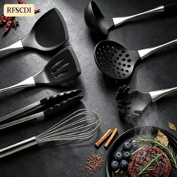 Premium Black Silicone Cooking Utensils Set - Non-Toxic, Heat Resistant& Non-Stick Kitchen Utensils Set with Spatula, Spoon, Whisk, Tongs, BPA Free, Dishwasher Safe, Black