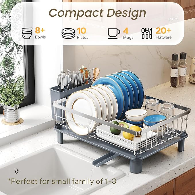 SNTD Dish Drying Rack for Small Kitchen Counter, 11" W x 15" L, Silver | Space Saving, Rotating Spout & Angled Drainboard for Quick Drainage, Stainless Steel, Removable Utensil Holder