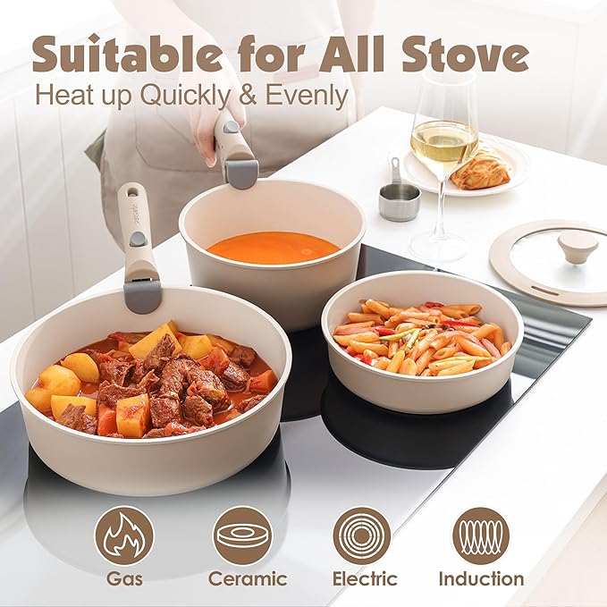 SENSARTE 17 Piece Ceramic Detachable Handle Pots and Pans Set Almond Beige | Ceramic Cookware Set, Induction Cookware Set with Removable Handle, Healthy Non Stick for RV, Dishwasher ＆ Oven Safe