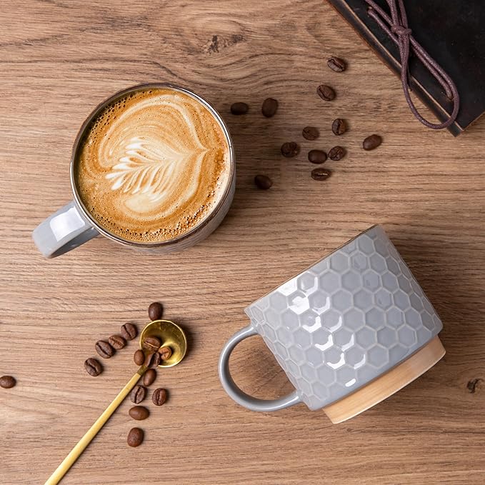 GBhome 15 OZ Stackable Coffee Mugs Set of 4, Ceramic Coffee Cups Set | 4 Assorted Designs, Embossed Mugs with Texture Patterns for Tea/Coffee, Dishwasher&Microwave Safe, Gray
