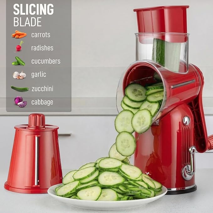 Zulay Kitchen Rotary Cheese Grater 5 Blade Cheese Shredder - Manual Hand Crank Cheese Grater With Reinforced Suction & 5 Interchangeable Drums - Easy to Use, Vegetable Chopper Round Mandoline Slicer
