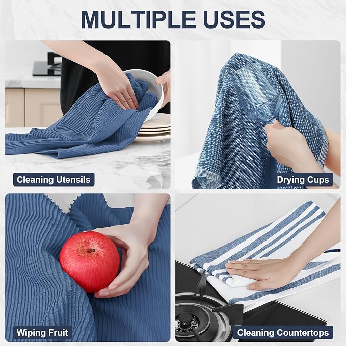 Homaxy Cotton 380 GSM Premium Kitchen Towels, 18"x 28", 6 Pack, Navy Blue | Soft and Absorbent Terry Dish Towels, Multipurpose Tea Towel Set with Hanging Loop, 3 Styles Kitchen Hand Towels