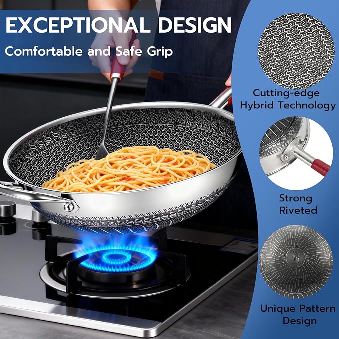 ] 14-Inch Stainless Steel Wok Pan with Glass Lid - Tri-Ply Nonstick Wok & Stir-Fry Pan, PFOA Free Uncoated Cookware for All Cooktops, Induction Compatible, Flat Bottom