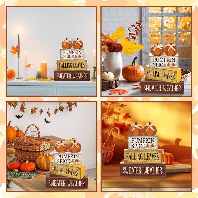 Lineshading 4 Pcs Fall Pumpkin Decor Fall Table Decoration Thanksgiving | Rustic Block Signs with Fall Sayings, Tiered Tray Farmhouse Decor for Autumn Table, Wood Pumpkins Topper with Jute Bows
