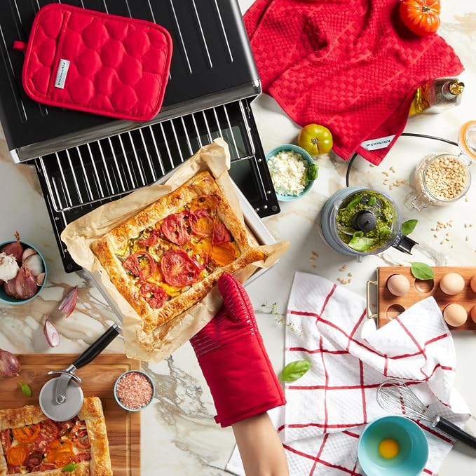 KITCHENAID Quilted Cotton Terry Cloth Oven Mitt, Pot Holder, Kitchen Towel 4-Pack Set, Heat Resistant, Silicone Grip, Gift Set, Passion Red, 16"x26", 7"x13" & 7"x10"