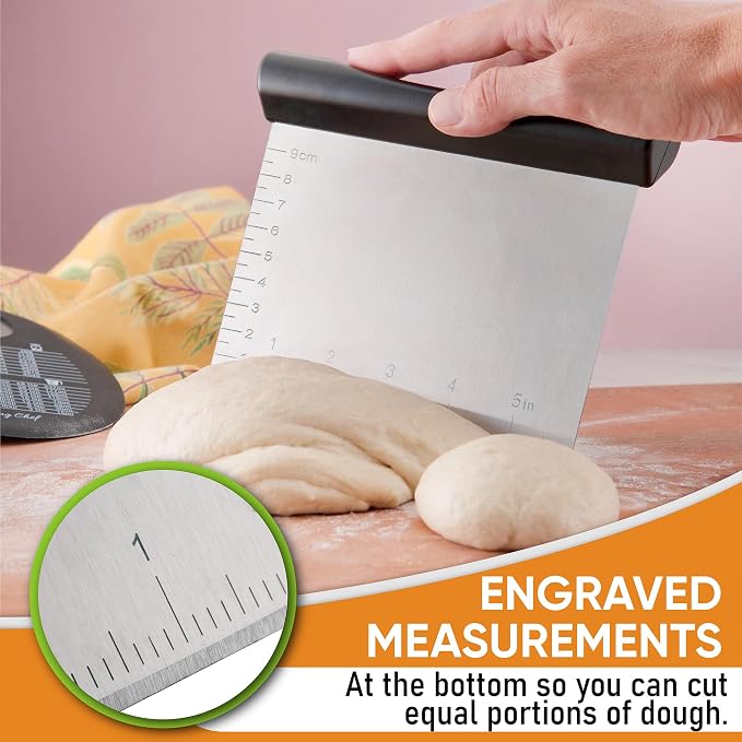 Spring Chef Stainless Steel Bench Scraper & Bowl Scraper Set for Baking | Heavy Duty Dough Cutter Tool & Bowl Pastry Scraper with Measurements for Pizza, Bread, Pastries, Sourdough, Black