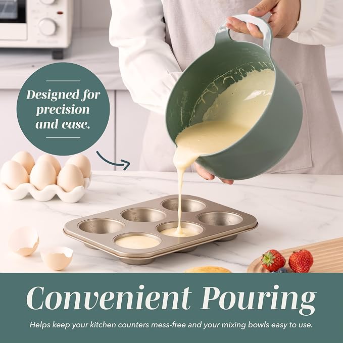 COOK WITH COLOR Nesting Plastic Mixing Bowl Set with Pour Spouts and Handles, Sage, 4 Piece Non-Slip