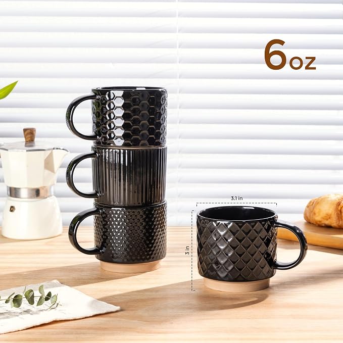GBhome 6 OZ Stackable Coffee Mugs Set of 4, Ceramic Coffee Cups Set | 4 Assorted Designs, Embossed Mugs with Texture Patterns for Espresso/Tea, Dishwasher&Microwave Safe, Black