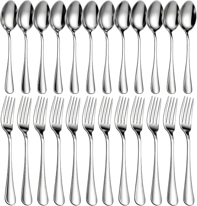 24 Piece Forks and Spoons Silverware Set for 12, Food Grade Stainless Steel Dinner Forks and Spoons (6.7 inches), Heavy-Duty Cutlery Set for Home, Kitchen and Restaurant, Dishwasher Safe