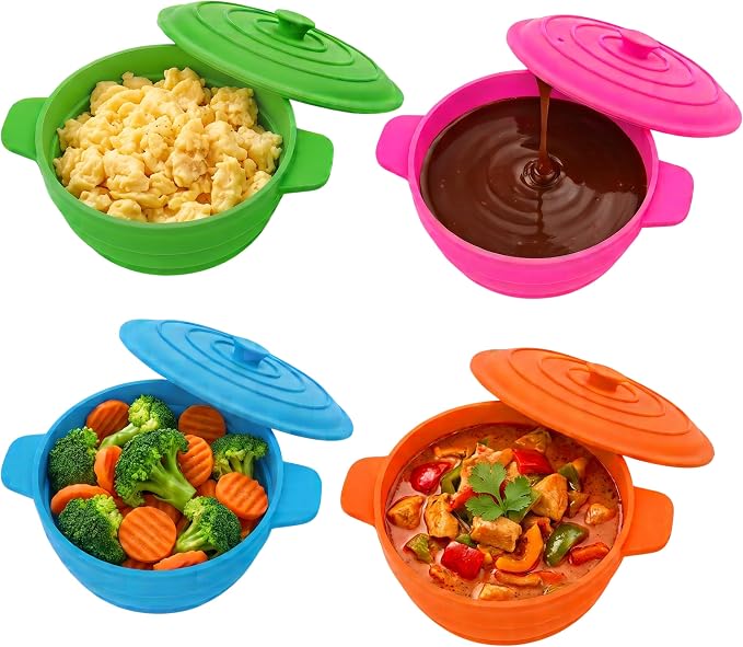Bakerpan Silicone Microwave Egg Cooker - Set of 4 Collapsible Mini Microwave Bowls with Lid, 4.75"x1.75", 1.5 Cup - Egg Poacher, BPA-Free, Dishwasher Safe
