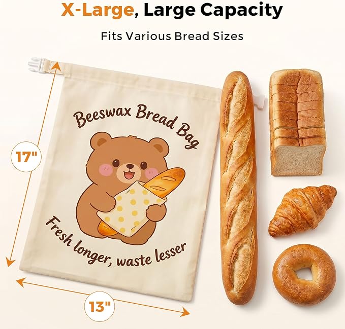 Beeswax Bread Bags for Homemade Bread - 2 Pack- Extra Large 17"×13" Reusable Sourdough Bread Bags for Storage with Zipper Closure, Keep Bread Fresh Naturally, Freezer Safe