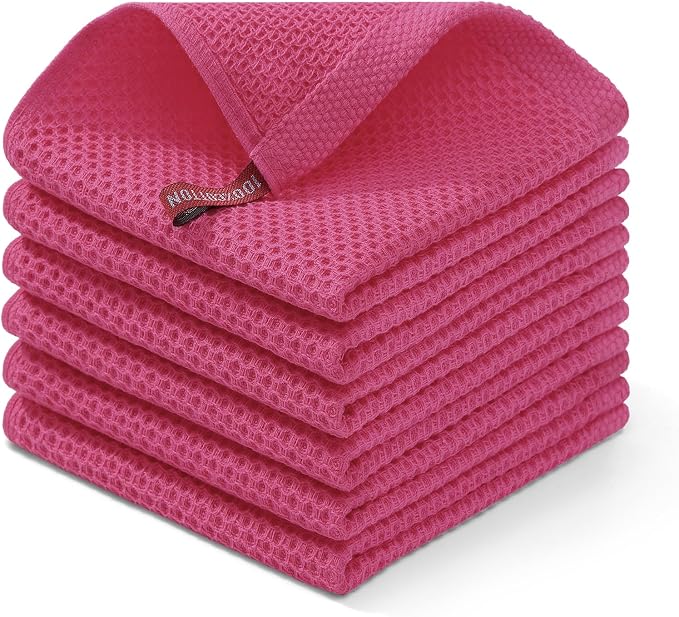 Homaxy 100% Cotton Waffle Weave Kitchen Dish Cloths 6-Pack, Hot Pink | 12 x 12 Inches, Ultra Soft Absorbent Dish Towels, Quick Drying Dish Rags with Hanging Loop