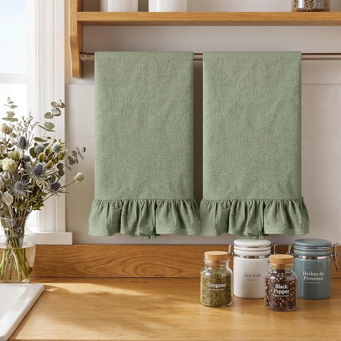 HunnmingRe Sage Green Kitchen Towels Set of 2, 100% Cotton Retro Ruffled Dish Towels 18"x28" Absorbent Tea Cloths for Farmhouse Charm, Drying Dishes, Entertaining Guests