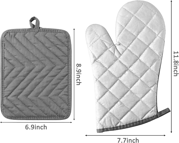 6Pcs Cotton Oven Mitts and Pot Holders Set Durable Hot Pads Machine Washable BBQ Gloves Heat Resistant Pocket Pot Holder with Hanging Loop for Safe Kitchen Baking Cooking Grilling Grey