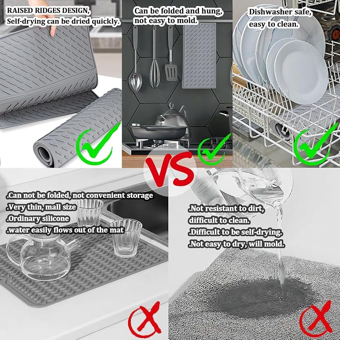Silicone Dish Drying Mat for Kitchen Counter, Collapsible Trifold Large Dish Drainer Mat, Drying Mat with Hook, 24x16In Non-Slip Silicone Sink Mat, Easy to Clean