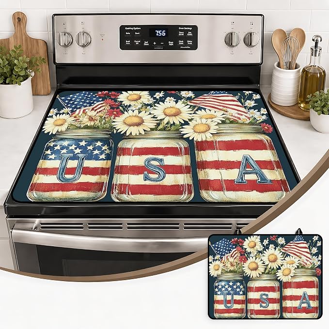 Patriotic Electric Stove Top Cover | Heat Resistant Glass Cooktop Protector for Kitchen Ceramic Countertops, Multiuse Stove Cover and Dish Drying Mat