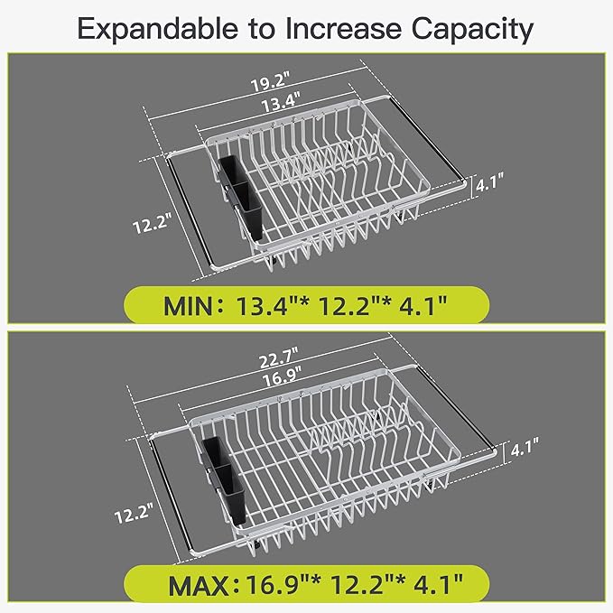 JASIWAY Expandable Dish Drying Rack Over the Sink with Utensil Holder | Stainless Steel Adjustable Dish Driainers for Small Kitchen, Counter Space Saving, Fast Drain, Rustproof, For Apartment, RV
