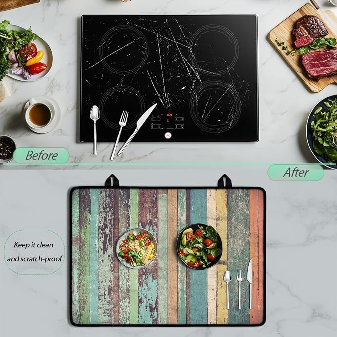 Wooden Stripe Stove Top Covers for Electric Stove, Vintage Colorful Wooden Plank Glass Stovetop Cover with Lanyard Rustic Wood Grain Countertop Protector Mat for Kitchen 28 x 20 Inch