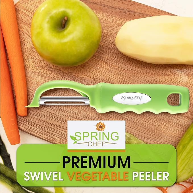 Spring Chef Swivel Vegetable Peeler with Soft Grip Handle, Set of 2, Green | Premium Potato Peeler w/ Ultra Sharp Stainless Steel Blades, Multifunctional Veggie Peeler for Apple, Carrot, Cucumber, Fruit