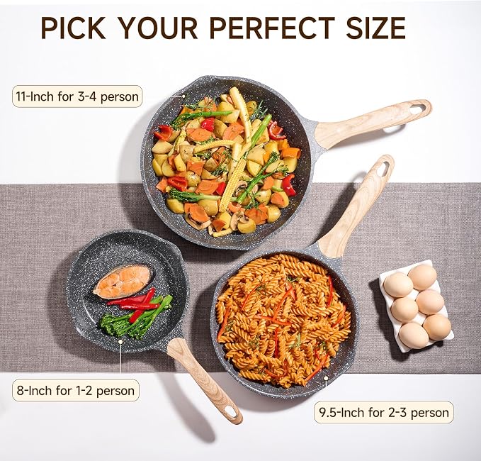 JEETEE 8 & 9.5 & 10 Inch Nonstick Frying Pan Sets for Cooking - Dual Spouts | All Stove Compatible, Easy-Clean, Even Heating, PFOA Free, Cool Ergonomic Handle, Non Stick Fry Pans for Egg Steak Fish,Grey