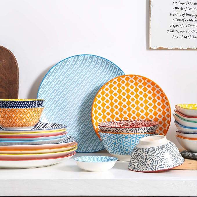 Selamica 8 inch Porcelain Dinner Plates, Large Size Serving Plate for Salad, Pancakes, Steak, Set of 6, Assorted Colors