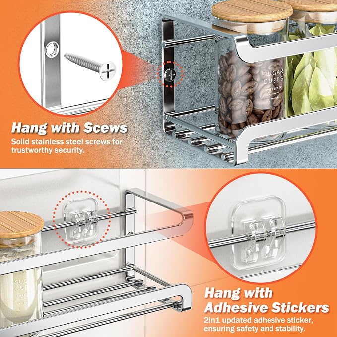 Bunoxea Spice Rack Wall Mounted 4 Pack, Chrome,For Spice Jars & Seasonings | 4 Removalble Hooks,Screw or Adhesive Hanging, Space-Saving,For Kitchen Cabinet, Pantry Door,Stove,RV Use,11.41x2.75x2.75in