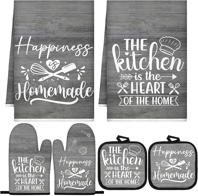 Sratte 6 Pcs Kitchen Decor Accessories Set, Kitchen, Dark Gray Wood | Farmhouse Kitchen Towels Pot Holders Oven Mitts Set 2 Dish Towels 2 Potholders 2 Cooking Mittens for Baking Cooking Supply