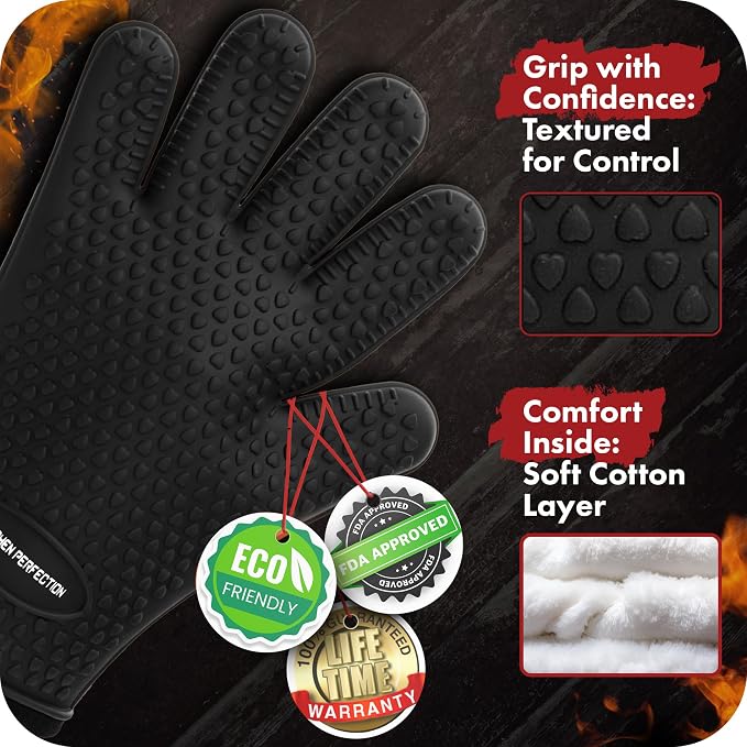 Kitchen perfection XL Silicone Smoker BBQ Gloves -Heat Resistant Oven Mitts | Waterproof, 5-Finger Design For A Better Grip, for Pitmasters, Meat Smoking, Grilling, Cooking, Frying Turkey | Grill Gift