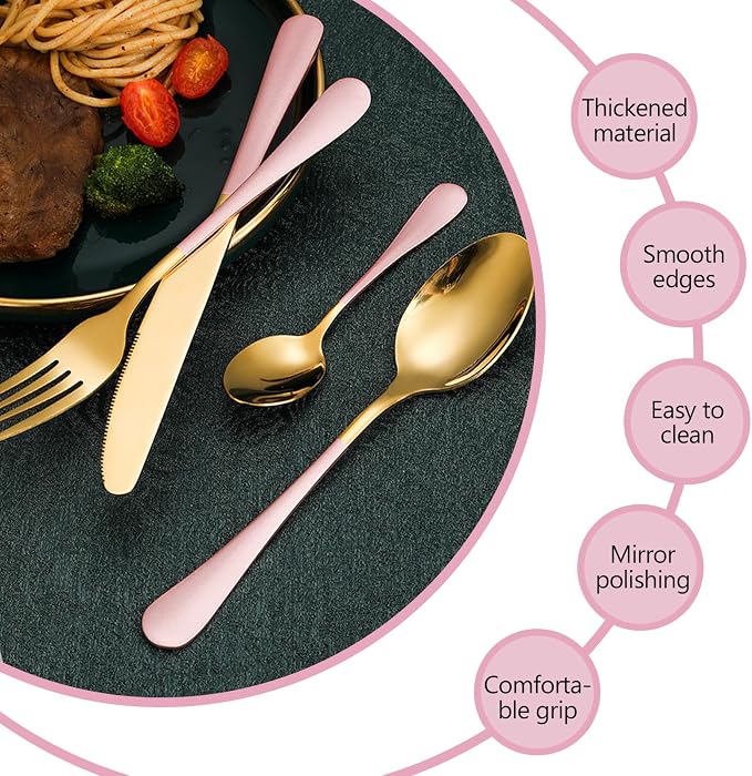 24 Pieces Silverware Set, Stainless Steel Cutlery Set with Holder, Flatware Set for 6 Person Tableware Set Includes Dinner Knives Forks Spoons Teaspoons, Mirror Polished (Pink Gold)