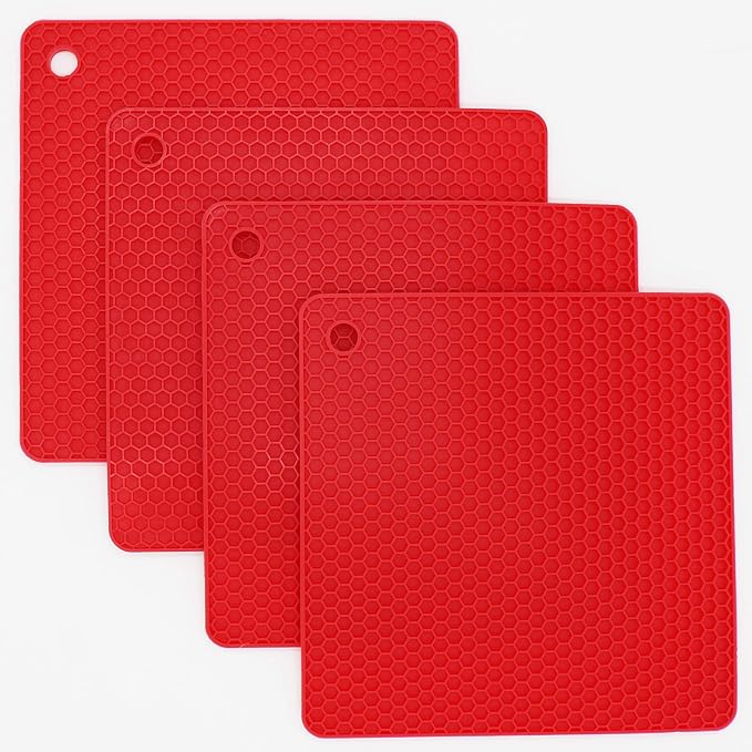 Silicone Trivets for Hot Dishes, Pots and Pans, Hot Pads for Kitchen, Red Silicone Pot Holders Mats for Kitchen Quartz Counter Heat Resistant Mat, Flexible Table Trivet Mat Set 4