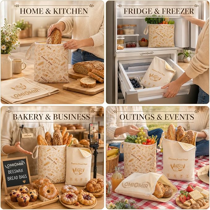 2 Pack XL Beeswax Bread Bags, Wide Zipper Reusable Sourdough Loaf Storage | Natural beeswax & cotton-flax blend. Zipper-seal keeps artisan bakes & produce fresher for longer. Fridge & freezer ready