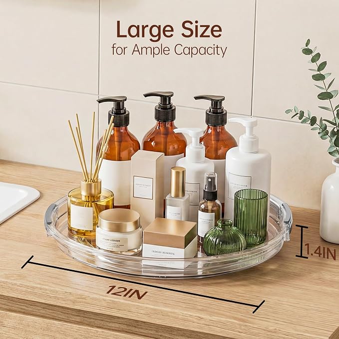 LAMU 12 in Lazy Susan Turntable, 4 Pack Clear Spice Rack, Organizer Storage | 360° Rotating, Kitchen Storage Tray for Cabinet & Table Top, Pantry, Fridge, Bathroom, Medicine & Countertop