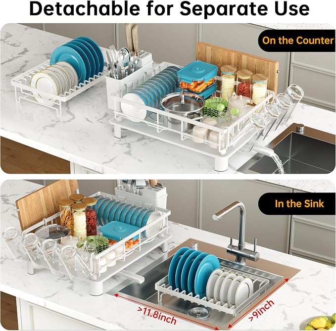 Large 2 Tier Detachable Dish Drying Rack for Kitchen Counter,White | Compact Dish Drainer, Rust-Resistant Dish Rack with Drainboard, Utensil Holder, Cup Holder for Small Space,Kitchen Organizer