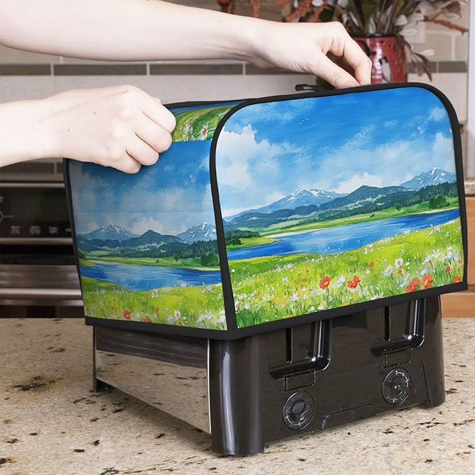 4 Slice Toaster Cover Flower Field Blue Sky Dust Proof Washable Kitchen Appliance Cover with Pocket, Oxford Fabric Countertop Toaster Protector for Standard Toasters Small Appliances