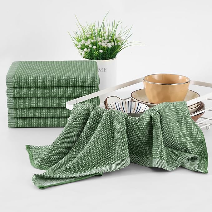 Homaxy 380 GSM Cotton Premium Kitchen Towels 8 Pack, 18"x 28", Grass Green | Flat and Terry Dish Towels, Highly Absorbent Tea Towel Set with Hanging Loop, Soft Utility Kitchen Hand Towels