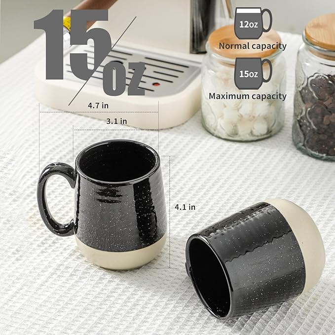 HASENSE Ceramic Coffee Mugs Set, 15 oz Large Coffee Cups Set of 4, Tea Cups with Handle for Men and Women, Latte Mugs for Coffee, Tea, Milk, Hot Chocolate, Microwave Dishwasher Safe, Black