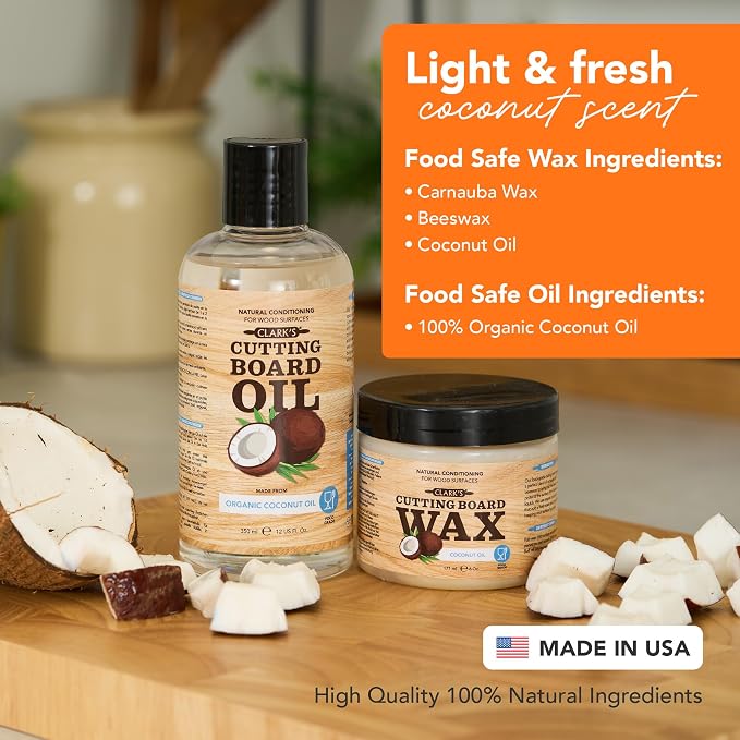 CLARK'S Cutting Board Oil & Wax Kit, Made of Organic Coconut Oil - Set of 2 | Includes Food Grade Mineral Oil, Cutting Board Wax For Cutting Boards, Butcher Blocks & Kitchen Wooden Utensils